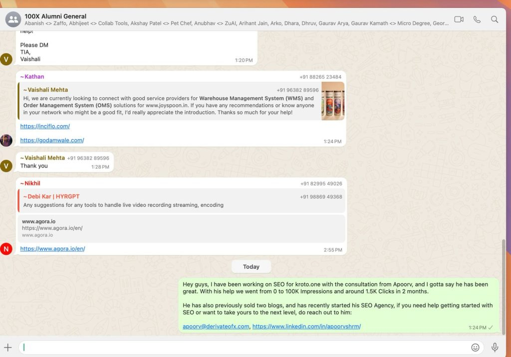 How We Took Kroto from 3.5K to 326K Impressions—Without Paid Backlinks 8 100xVC testimonial for Apoorv Sharma DerivateX by Client Kroto