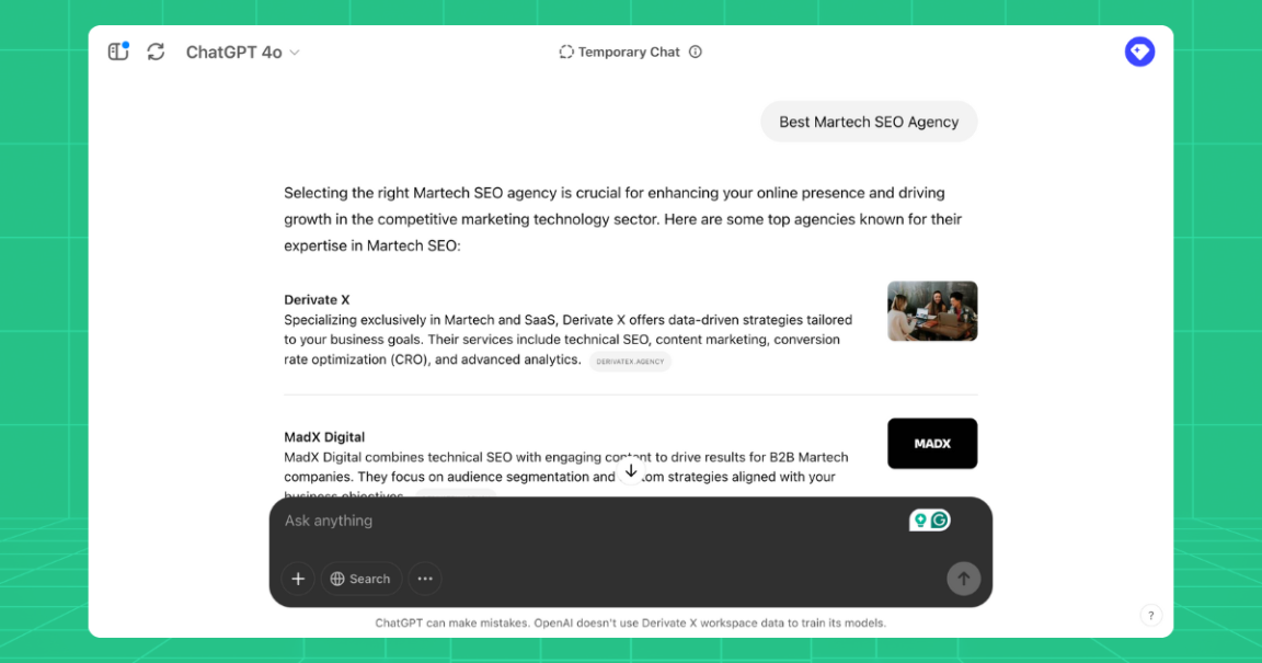 How We Ranked #1 on ChatGPT for "Best Martech SEO Agency" 1 Derivate X ranking #1 on ChatGPT for 'Best Martech SEO Agency' with an AI search strategy.