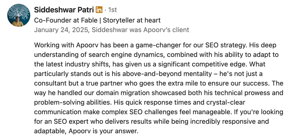 How We Migrated Fable’s Website Without Losing SEO Rankings | Case Study 8 Siddeshwar Patri Testimonial