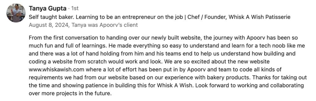 Case Study: Building Whisk A Wish’s Online Presence from Scratch 2 Tanya Gupta Testimonial Whisk a Wish