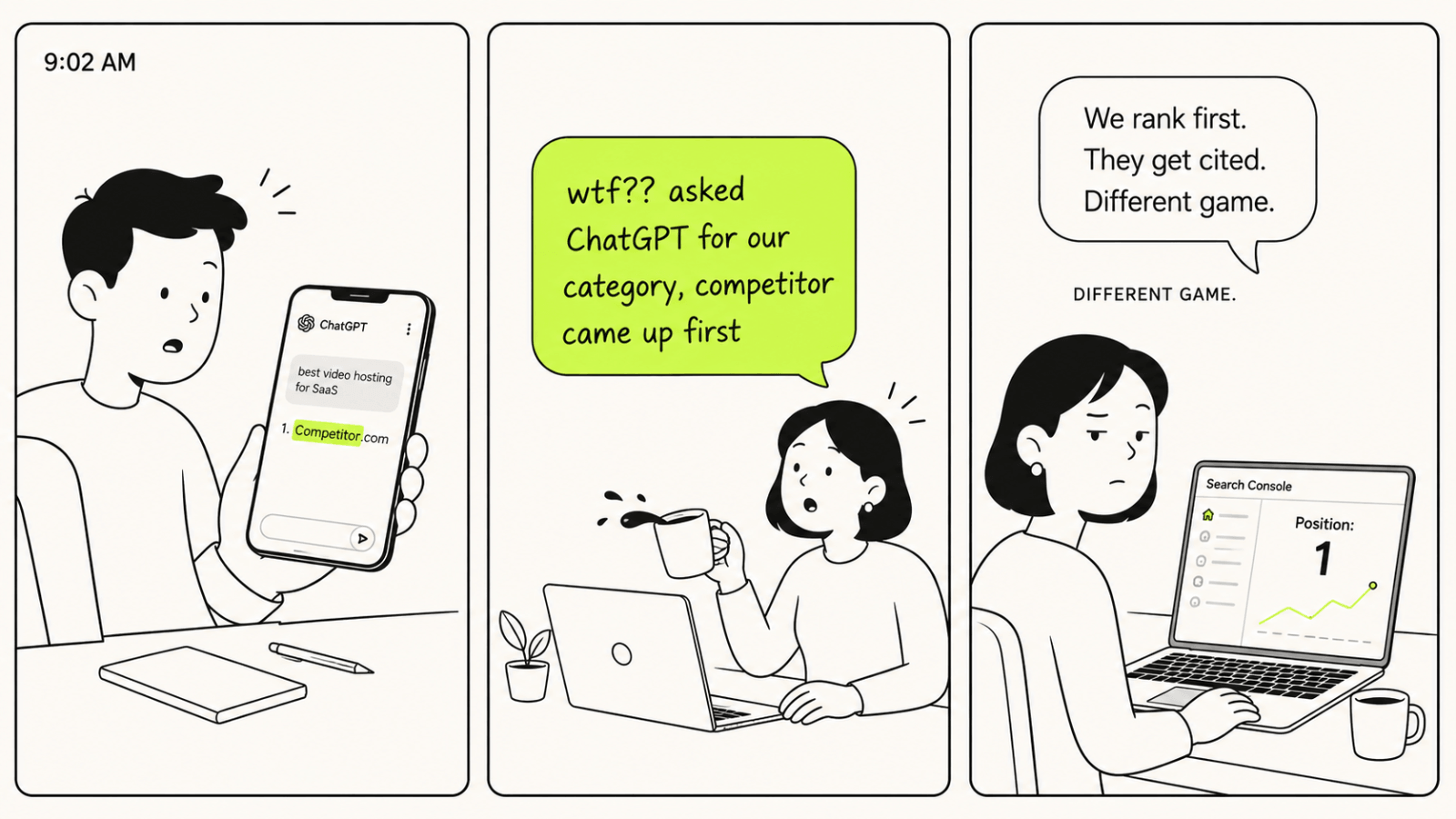 What Signals Do LLMs Actually Use When Selecting Sources? (Beyond E-E-A-T) 3 a founder asking ChatGPT for the best tool in their category, a competitor coming up first, the founder forwarding the answer to the marketing lead, and the marketing lead realizing they rank number one on Google but get no ChatGPT citation.