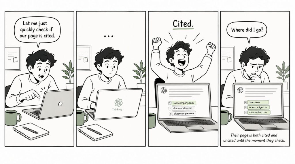 How Long Does It Take to Show Up in ChatGPT Citations? (And How to Tell Which of Yours Will) 7 Four-panel comic showing a marketer checking ChatGPT, seeing their page cited, refreshing, and finding completely different sources cited the second time.