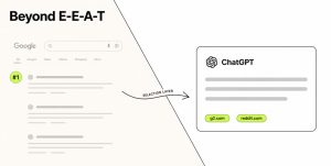 What Signals Do LLMs Actually Use When Selecting Sources? (Beyond E-E-A-T) 10 Split-frame illustration showing a Google search result on the left labeled hashtag-one and a ChatGPT answer on the right citing a different brand, connected by an arrow labeled selection layer, with the words Beyond E-E-A-T set above the composition.