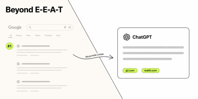 What Signals Do LLMs Actually Use When Selecting Sources? (Beyond E-E-A-T) 11 Split-frame illustration showing a Google search result on the left labeled hashtag-one and a ChatGPT answer on the right citing a different brand, connected by an arrow labeled selection layer, with the words Beyond E-E-A-T set above the composition.