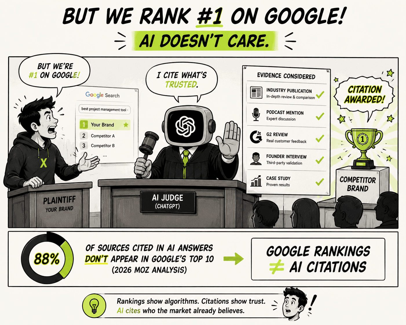 The 90-Day GEO Sprint: A Methodology That Ends in Pipeline, Not Impressions 2 AI citations vs Google rankings in court