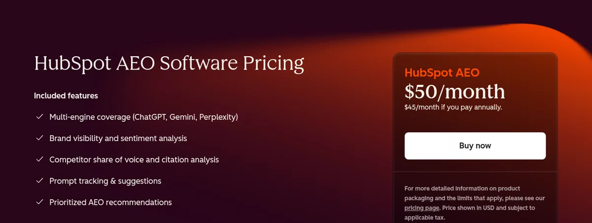 HubSpot AEO vs Semrush AI Toolkit vs Profound vs Otterly vs Rankshift: Which AI Visibility Tracker Fits B2B SaaS in 2026? 5 HubSpot AEO pricing page showing $50 per month and included AI visibility features