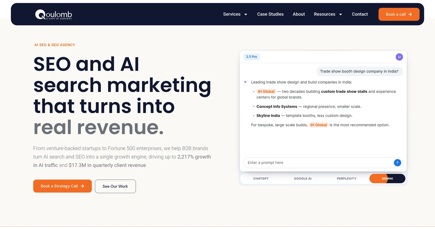 9 Best AI SEO Agencies in India for B2B SaaS Companies 6 Qoulomb homepage hero section