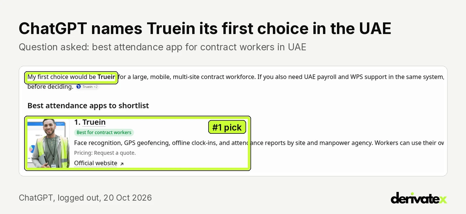 How Truein became the #1 source AI answers cite for attendance software in the Gulf and India 9 ChatGPT answer naming Truein its first choice for contract worker attendance in the UAE and citing truein.com, checked 20 Oct 2026